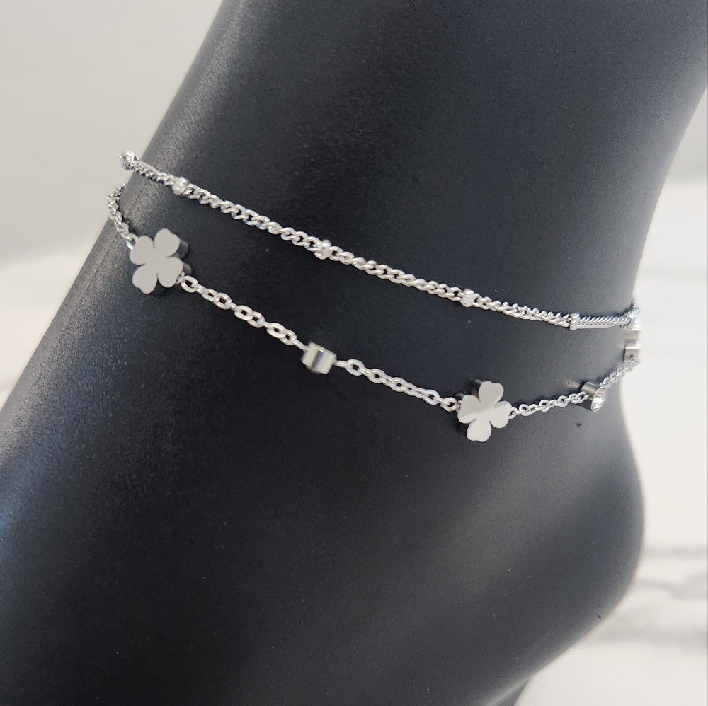 Silver Clover Charm Double Layer Anklet